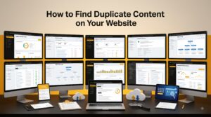 Professional SEO audit workspace analyzing duplicate content using website crawlers and indexing dashboards.