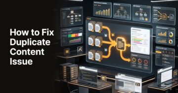 Premium illustration showing duplicate content consolidation, canonical URLs, technical SEO workflow, and website indexing optimization.