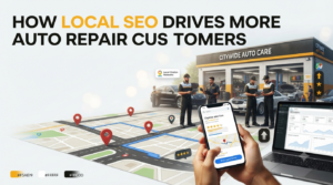 Local SEO illustration showing an automotive repair shop, map visibility, customer searches, and local business optimization.