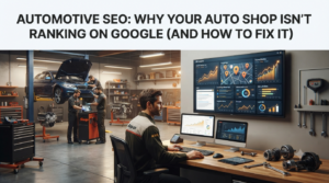 Automotive SEO featured illustration showing an auto repair shop, SEO analytics, local search optimization, and Google ranking concepts.