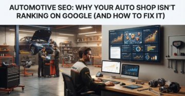 Automotive SEO featured illustration showing an auto repair shop, SEO analytics, local search optimization, and Google ranking concepts.