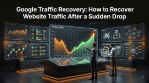 Google Traffic Recovery strategy showing SEO analytics dashboards and website traffic improvement process.
