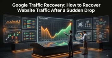 Google Traffic Recovery strategy showing SEO analytics dashboards and website traffic improvement process.