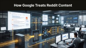 Digital illustration showing Google's search engine ranking Reddit discussions within search results.