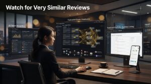 Illustration showing AI detection of duplicate and repetitive online reviews to identify fake feedback.