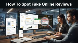 Illustration showing how to identify fake online reviews using review verification dashboards and trust analysis tools.