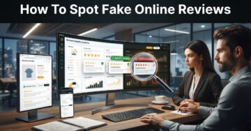 Illustration showing how to identify fake online reviews using review verification dashboards and trust analysis tools.