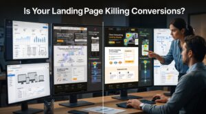 Landing page optimization illustration comparing poor and high-converting landing page designs for PPC campaigns.