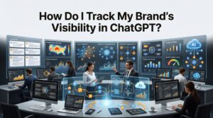 Premium illustration showing how to track brand visibility in ChatGPT using AI search analytics, citation monitoring, and prompt tracking dashboards.