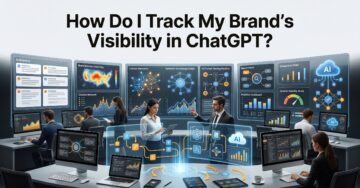 Premium illustration showing how to track brand visibility in ChatGPT using AI search analytics, citation monitoring, and prompt tracking dashboards.