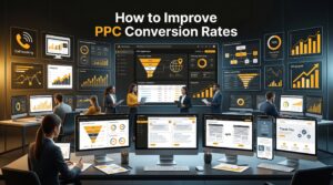 Professional illustration showing the complete workflow for improving PPC conversion rates using optimization and analytics.