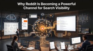 Illustration showing how Reddit has become a powerful platform for search visibility across Google and AI search engines.