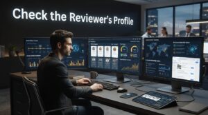Illustration showing reviewer profile analysis to identify suspicious online review accounts.