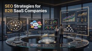 Premium illustration of SEO strategies for B2B SaaS companies featuring keyword research, analytics dashboards, technical SEO, and search performance visualization.