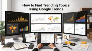 Illustration of analyzing Google Trends data to discover trending search topics and keyword opportunities.