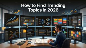 Professional illustration showing how to find trending topics using SEO tools, AI research, analytics dashboards, and search trend analysis.
