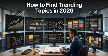Professional illustration showing how to find trending topics using SEO tools, AI research, analytics dashboards, and search trend analysis.