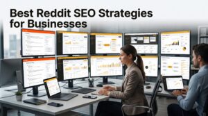Professional illustration showing businesses using Reddit SEO strategies to improve search visibility.