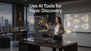 Illustration of AI-powered tools discovering trending topics through semantic analysis and intelligent content research.