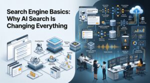 Search Engine Basics Why AI Search Is Changing Everything illustration showing traditional search evolving into AI-powered search with semantic search, AI assistants, analytics dashboards, and digital workflows.