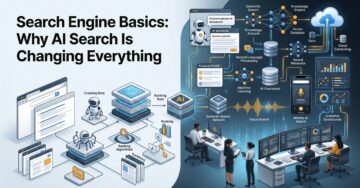 Search Engine Basics Why AI Search Is Changing Everything illustration showing traditional search evolving into AI-powered search with semantic search, AI assistants, analytics dashboards, and digital workflows.