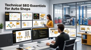 Technical SEO illustration showing automotive website optimization, website performance monitoring, and search engine optimization tools.