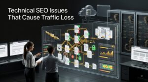 Technical SEO audit showing website errors, indexing issues, and optimization recovery workflow.