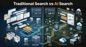 Traditional Search vs AI Search comparison illustration showing keyword-based search alongside AI-powered conversational search workflows.