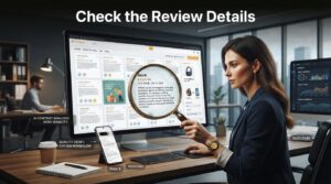 Illustration of a consumer analyzing detailed online reviews using review verification tools before making a purchase.