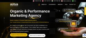 Autus Digital pharmaceutical SEO services landing page showcasing healthcare SEO, technical optimization, AI search optimization, and content marketing solutions.