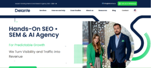 Delante pharmaceutical SEO landing page featuring international SEO, multilingual optimization, technical SEO, and global healthcare marketing.