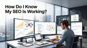 Professional SEO analytics dashboard illustrating how to measure SEO performance with keyword rankings, organic traffic, and website optimization.